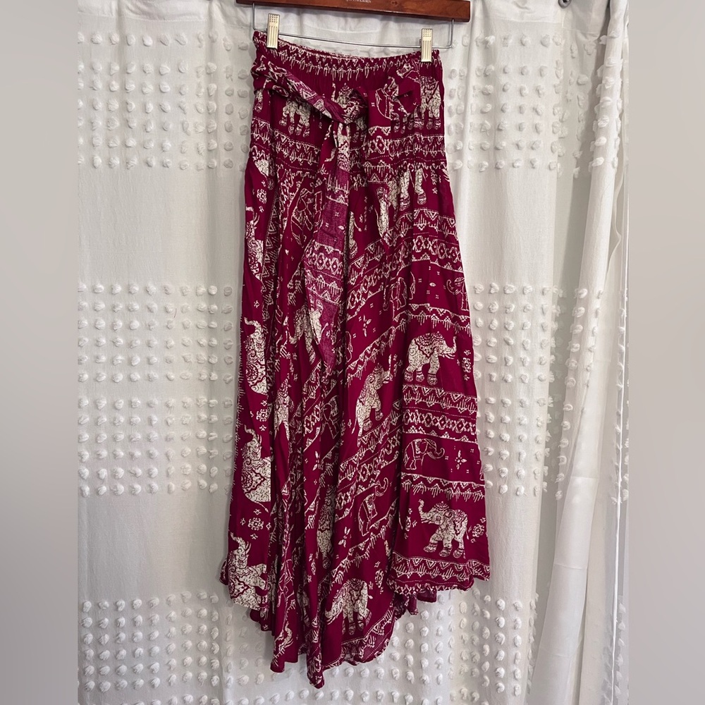 Bohemian Elephant Print Skirt White Lotus Style Thailand - Maroon